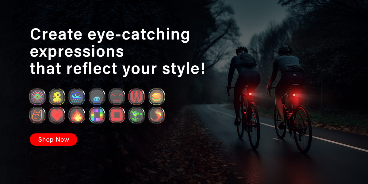 Homepage banner for the TOWILD smart tail light, showing two cyclists at dusk and a grid of customizable, eye-catching pixel art expressions that reflect your style.