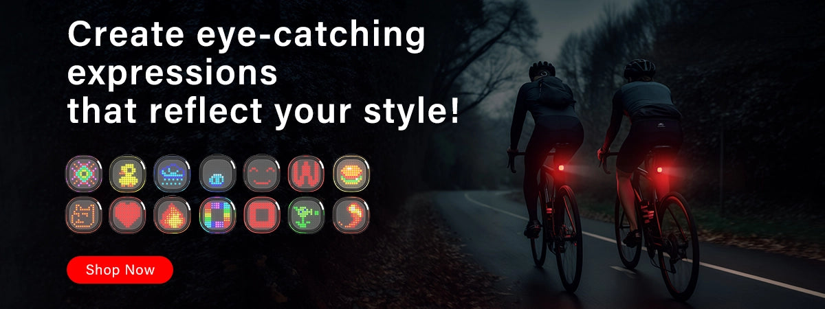 Homepage banner for the TOWILD smart tail light, showing two cyclists at dusk and a grid of customizable, eye-catching pixel art expressions that reflect your style.