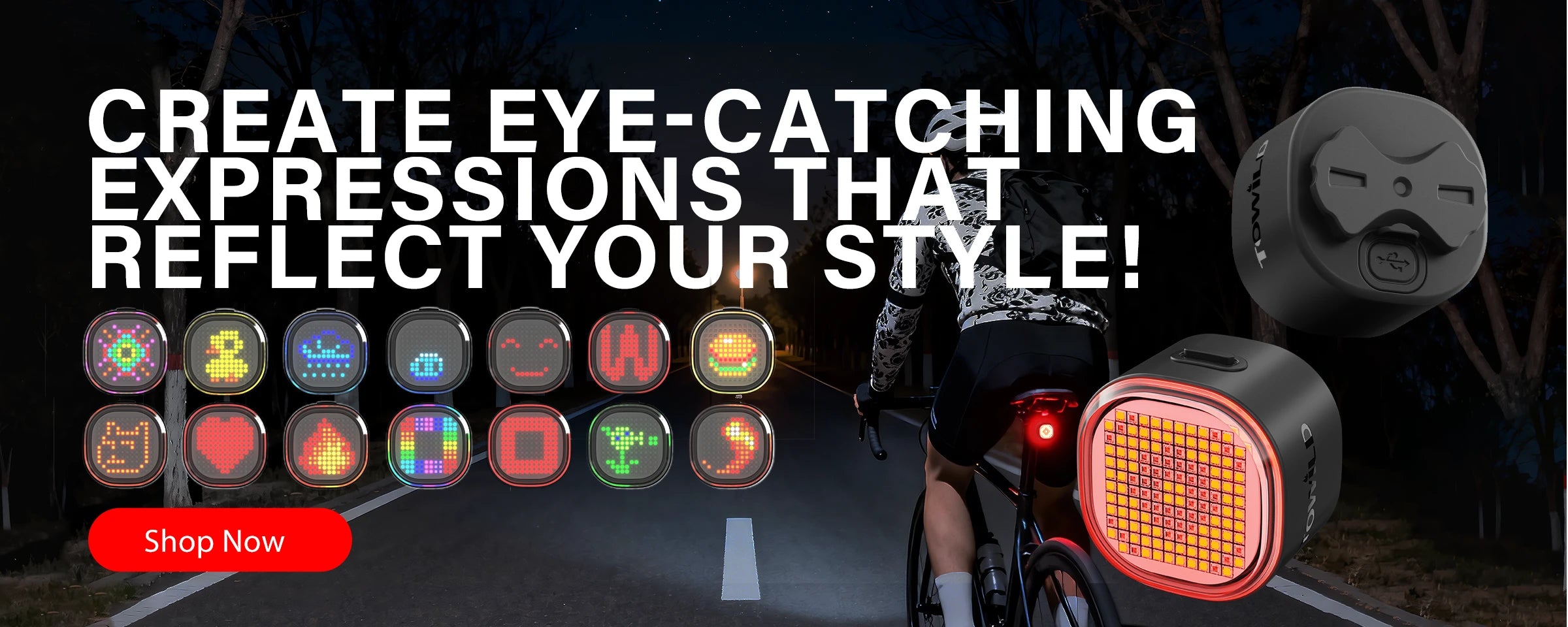 Cyclist riding at night with Towild TL08 pixel tail light. Shows customizable LED patterns like hearts and arrows created via mobile app.