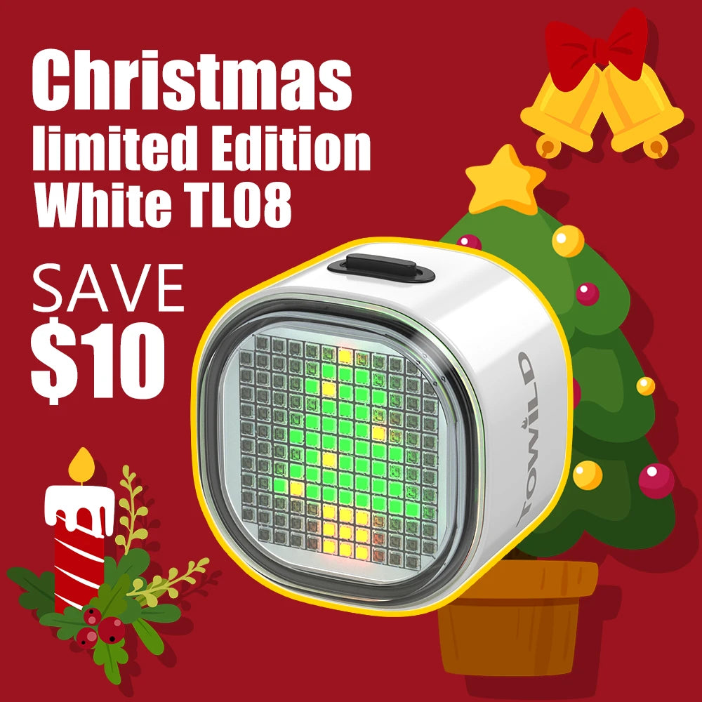 White Towild TL08 smart pixel tail light displaying a custom green Christmas tree LED pattern. App-controlled rear bike light perfect for holiday gifts and night riding safety.