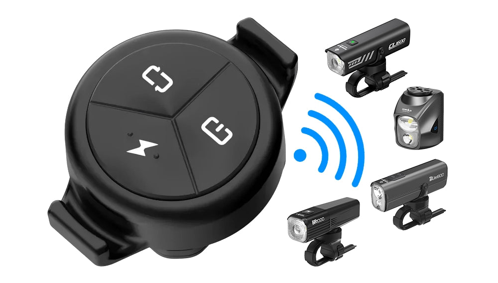 The TOWILD ALC-01 universal wireless remote easily controlling multiple bike light series (CL, DL, BR), allowing cyclists to switch modes and activate turbo without taking their hands off the handlebars.