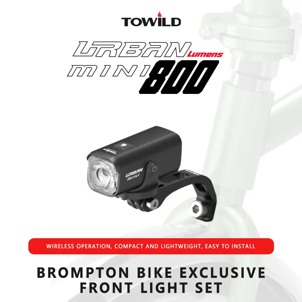 Promotional image highlighting the TOWILD Urban Mini 800 lumen light as an exclusive front light set for Brompton bikes.