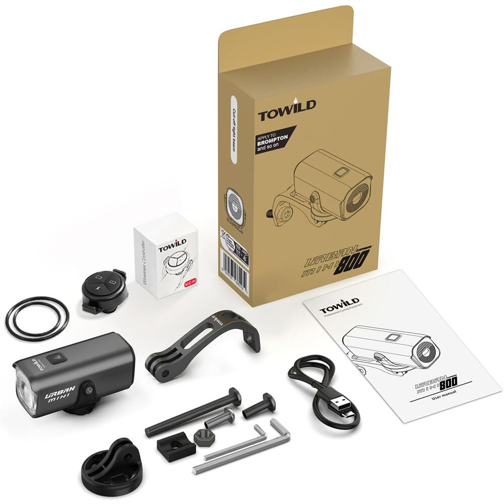 The complete package contents for the TOWILD Urban Mini Brompton light set, including the custom mount, remote, and accessories.