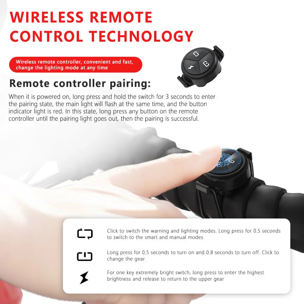 Infographic explaining the wireless remote control technology and pairing process for the TOWILD Urban Mini bike light.
