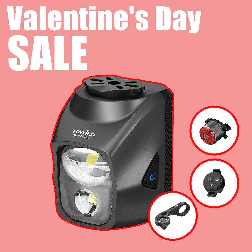 Valentine's Day Sale banner for the black TOWILD DL1700 bike light, offered as a bundle with a free tail light, wireless remote, and out-front mount.