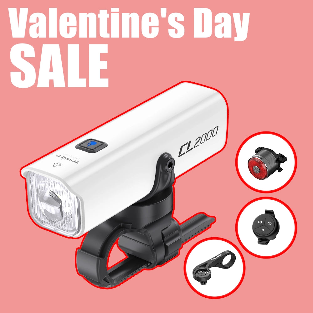 Valentine's Day Sale image showcasing the white TOWILD CL2000 smart light as a complete bundle with a tail light, wireless remote, and mount.