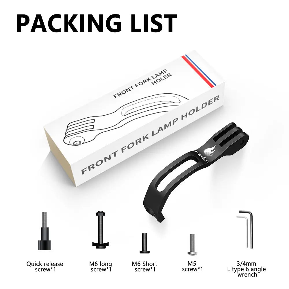 The complete packing list for the TOWILD AS60 folding bike mount, showing the mount, various screws for different forks, and an Allen wrench.