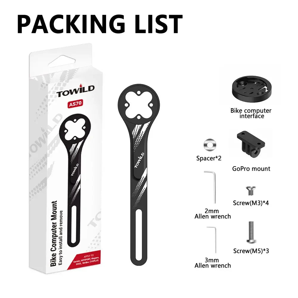 The complete packing list for the TOWILD AS70 integrated handlebar mount, showing the mount, GoPro adapter, computer interface, various screws, and Allen wrenches.