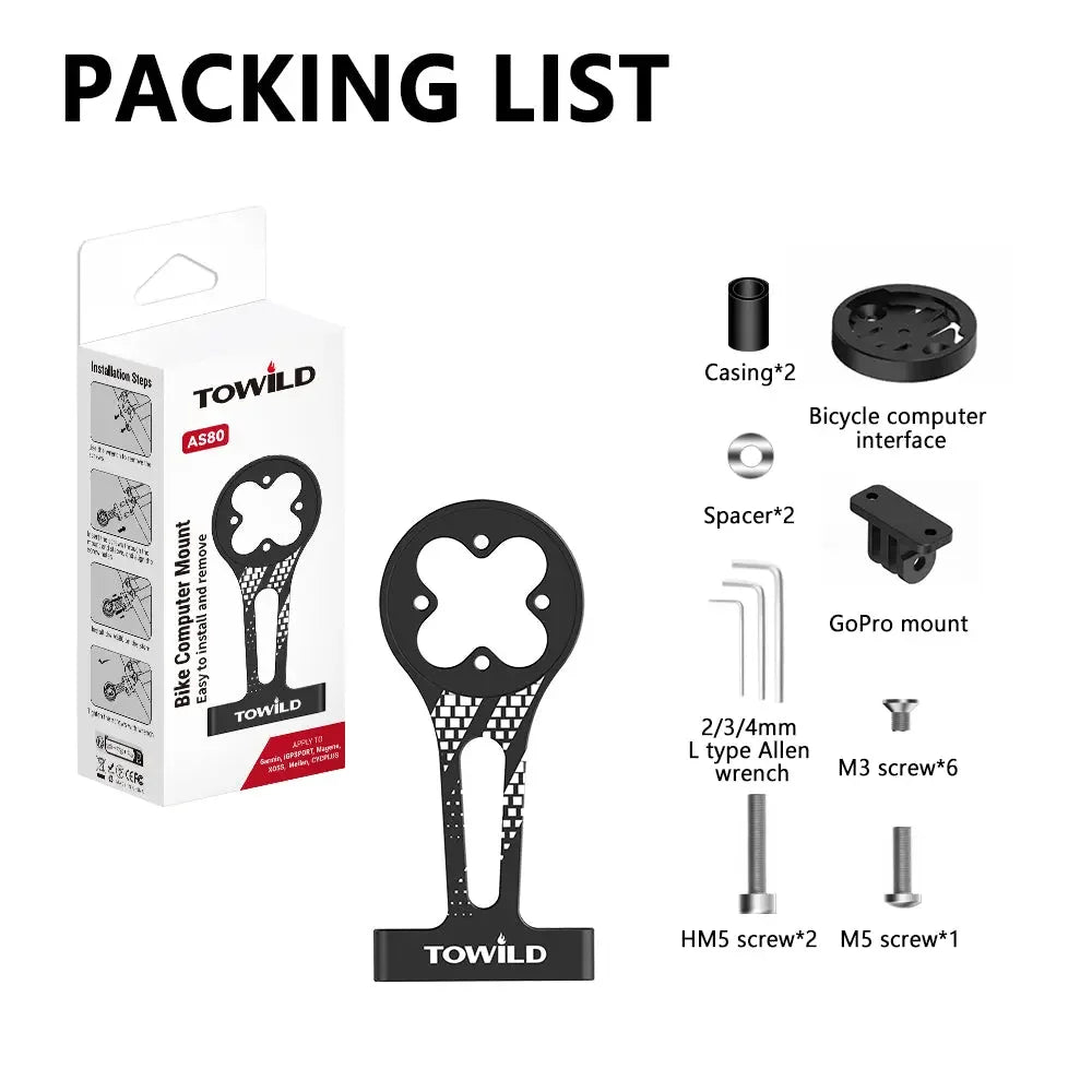 The complete packing list for the TOWILD AS80 stem mount kit, showing the mount, GoPro adapter, computer interface, various screws, spacers, and Allen wrenches.