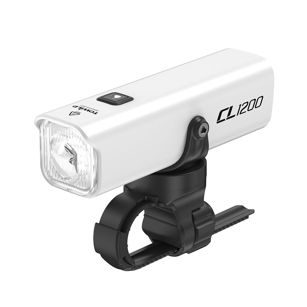 A studio shot of the White TOWILD CL1200 smart endurance bike light, showcasing its sleek aluminum body, anti-glare lens, and the included handlebar mount.