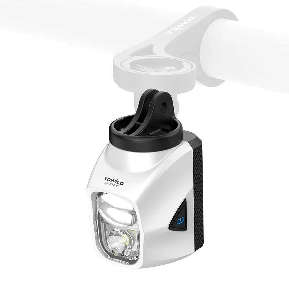 The white Towild DLite1700 bike light with its GoPro-compatible mount, ready for versatile underslung installation on out-front mounts.